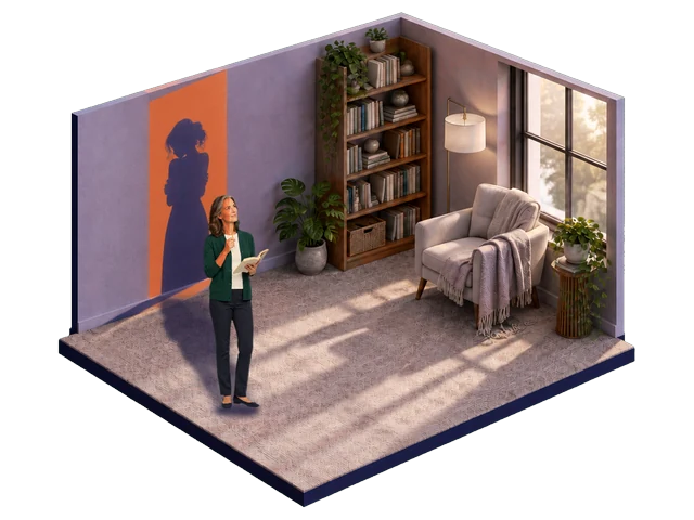 Une femme lit, un livre à la main ; sur le mur, son ombre reste debout, bras serrés, devant une porte ouverte qu’elle ne franchit pas.