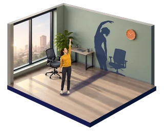 Une femme se tient debout près de sa chaise et lève un bras pour s’étirer ; au mur, son ombre s’étire en arc, la chaise vide derrière elle, sous une horloge orange.